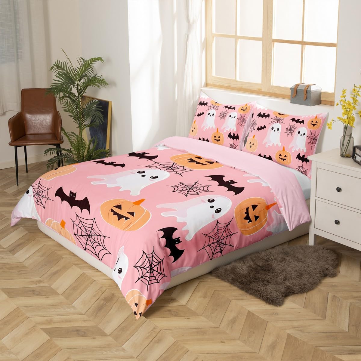 Erosebridal Pink Halloween Duvet Cover King, Pumpkin Lantern Bedding Set for Kids Girls, Cartoon Ghost Bat Comforter Cover Gothic Spooky Spider Web Bed Set Halloween Decoration with 2 Pilow Cases