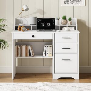 4 ever winner computer desk with drawers, 44 inch farmhouse home office desk with monitor stand and file drawer, wood study writing table for small spaces, small desk for bedroom, white