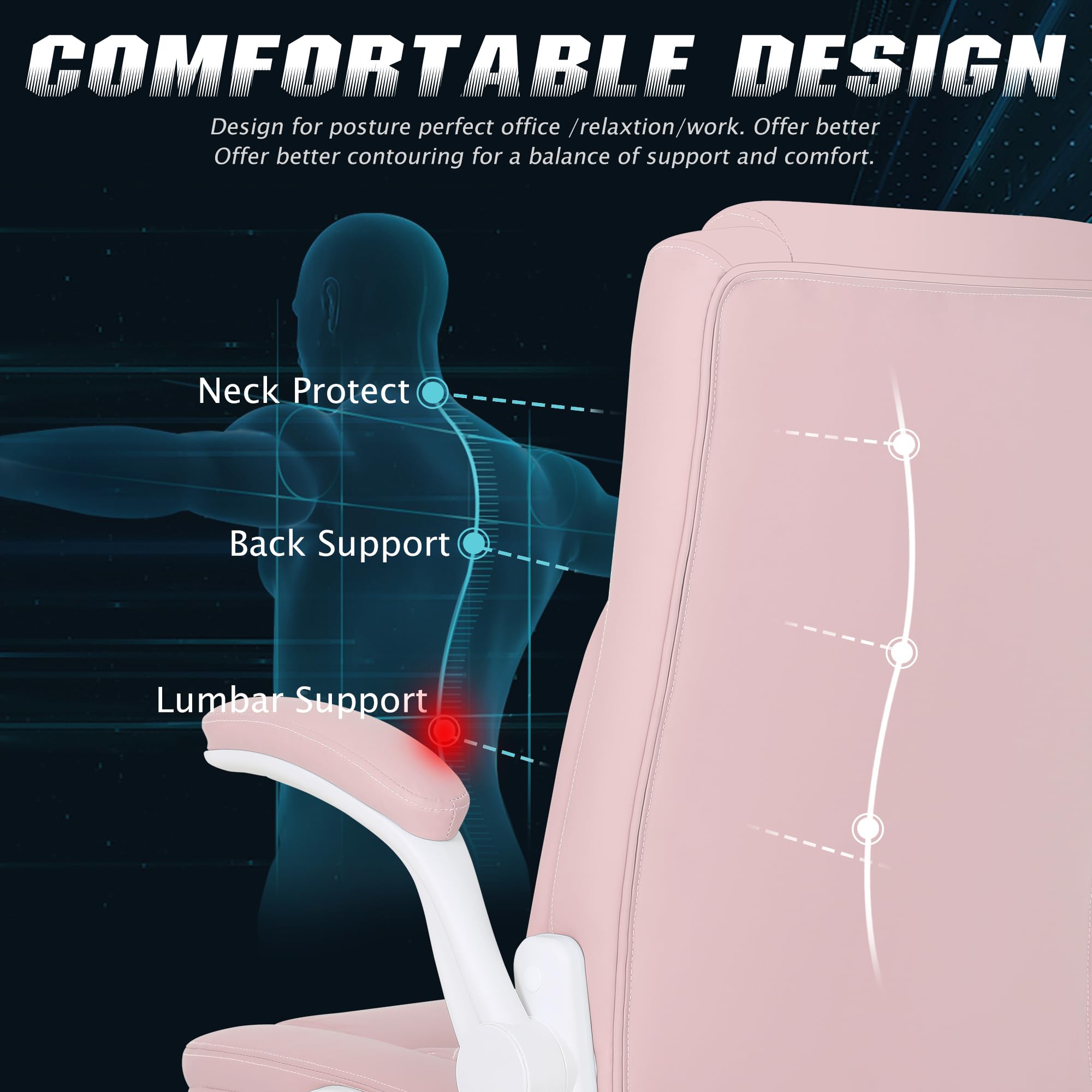 Misolant Big and Tall Office Chair, High Back Office Chair with Flip Up Armrest, PU Leather Office Executive Chair, Computer Desk Chair with Rocking Function Pink