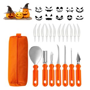 pumpkin carving kit with 12pcs halloween pumpkin teeth, stainless steel sculpting tools, carving knife set for halloween decoration jack-o-lanterns, pumpkin cutting supplies gift for halloween(20pcs)