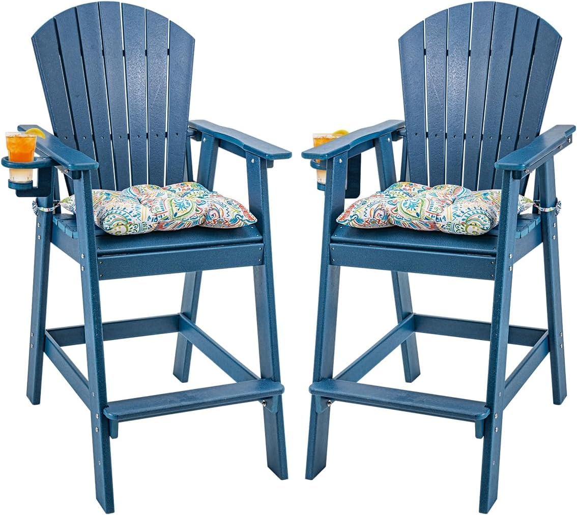 Sundale Outdoor Adirondack Bar Chairs Set of 2, Patio HDPE Bar Stools with Backrest, 30 Inch Seat Height Bistro Tall Dining Counter Barstools with Cushion, All-Weather Pub Height Chair, Navy Blue