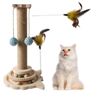 cat scratching post, 4 in 1 wooden cat scratcher toy, 18" tall scratch post with 2 level cat track balls, 2 interactive cat feather toys and 2 sisal hanging balls for indoor kittens, adult cats