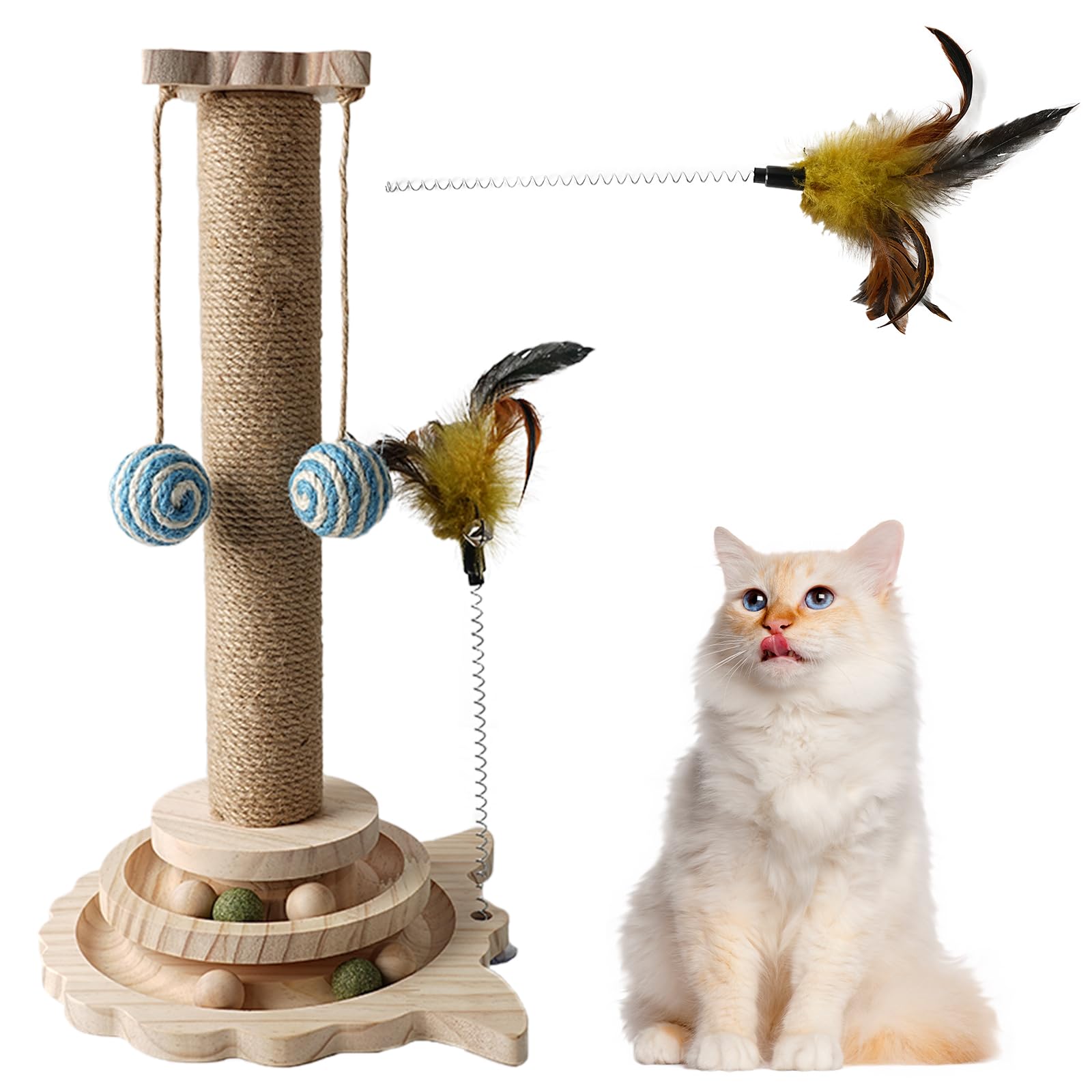 Cat Scratching Post, 4 in 1 Wooden Cat Scratcher Toy, 18" Tall Scratch Post with 2 Level Cat Track Balls, 2 Interactive Cat Feather Toys and 2 Sisal Hanging Balls for Indoor Kittens, Adult Cats