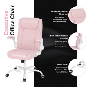 Misolant Big and Tall Office Chair, High Back Office Chair with Flip Up Armrest, PU Leather Office Executive Chair, Computer Desk Chair with Rocking Function Pink