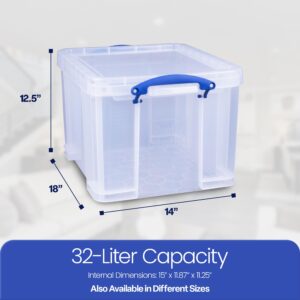 Really Useful Box 32 Liters Storage Bin Container with Snap Lid and Clip Lock Handles for Lidded Home and Office Storage Organization, 12 Pack