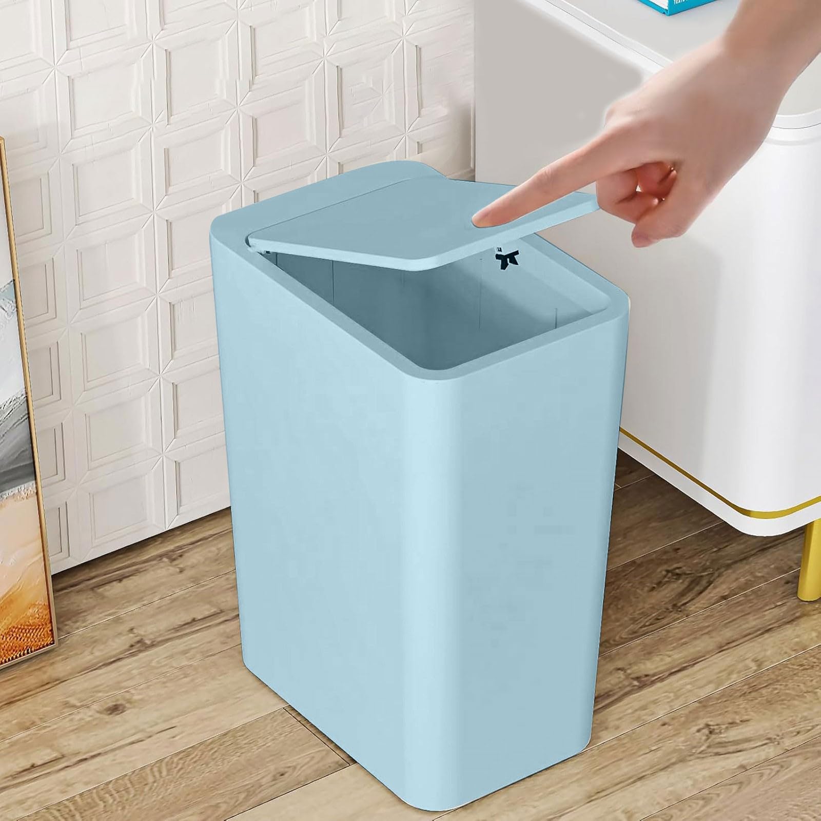 4 Gallon Bathroom Trash Can with Lid, 15 Liters Slim Garbage Can with Press Top, Dorm Room Small Trash Bin, Plastic Waste Basket for Bathroom, Office, Bedroom, Kitchen, Living Room, Laundry (Blue)