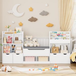 FOTOSOK 72” Kids Bookshelf with Reading Nook, Super Large Toy Storage Organizer with Seat Cushion and 3 Movable Drawers, Kids Reading Nook Toy Organizers and Storage with Bench for Living Room