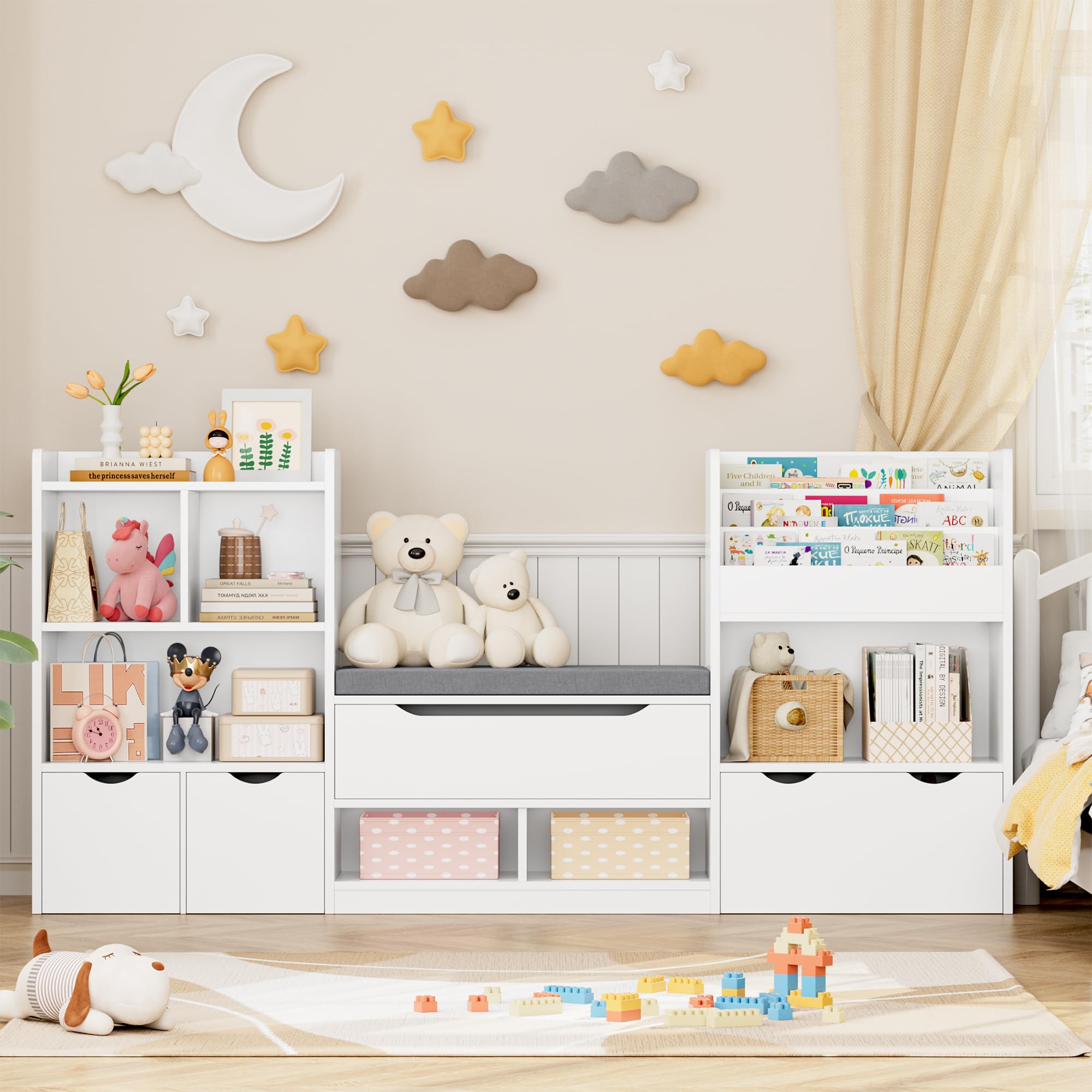 FOTOSOK 72” Kids Bookshelf with Reading Nook, Super Large Toy Storage Organizer with Seat Cushion and 3 Movable Drawers, Kids Reading Nook Toy Organizers and Storage with Bench for Living Room