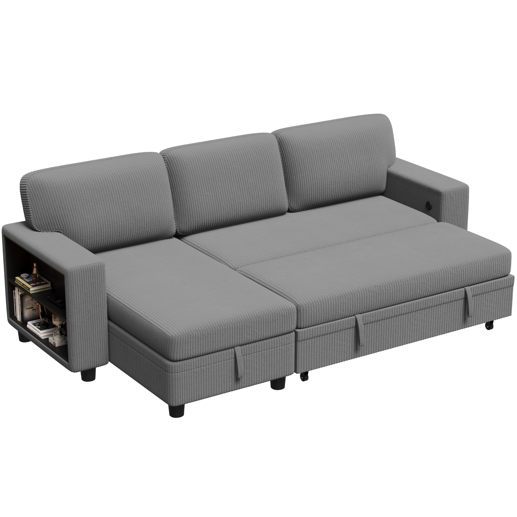 Flamaker 80" Sleeper Sofa, Sofa Bed with Built-in Large Storage and 2 Bookshelves, Convertible Sectional Sofa Couch, Pull Out Couch with USB, Modern Couches for Living Room (Corduroy, Light Grey)