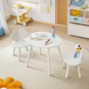 VECELO Kids Table and Chairs Set, Oval Tabletop and 2 Rabbit Chairs for Toddler Playing, Activity, White