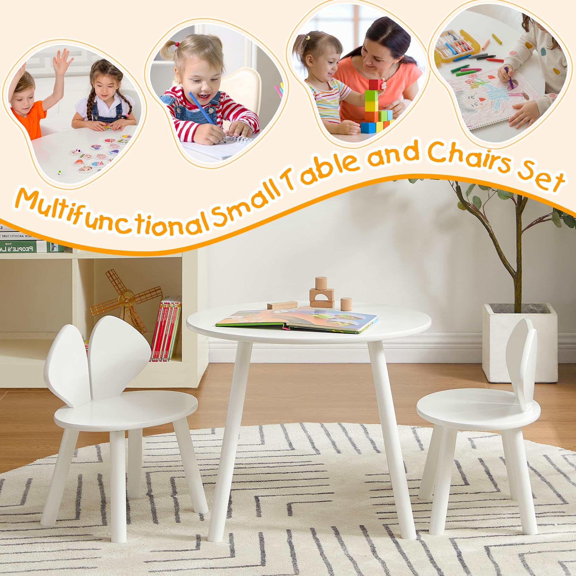 VECELO Kids Table and Chairs Set, Oval Tabletop and 2 Rabbit Chairs for Toddler Playing, Activity, White