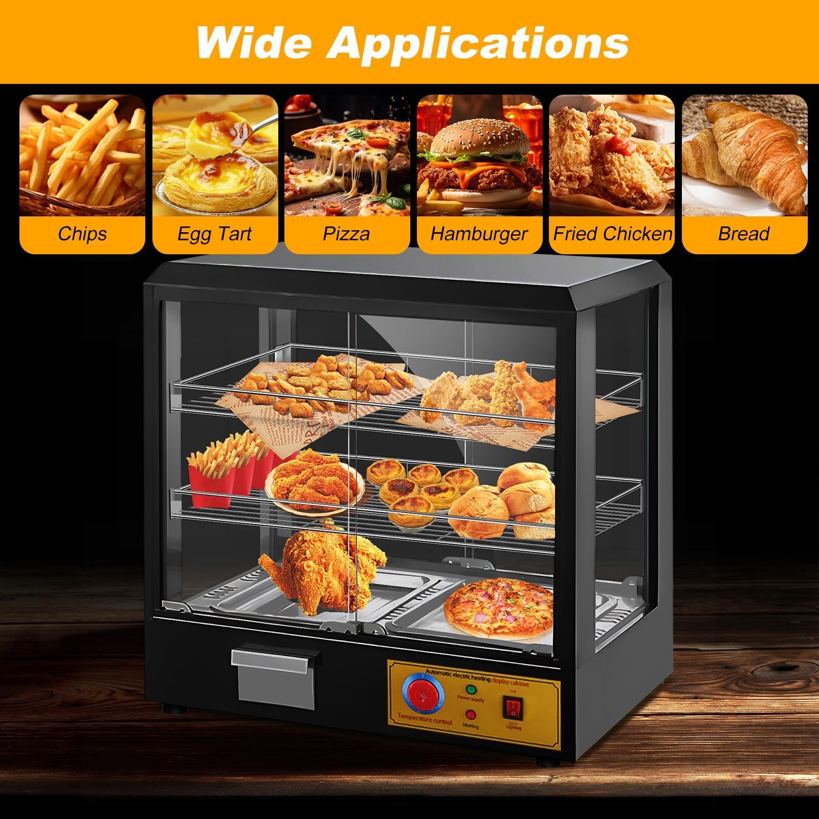 Hot Food Display Case, 3-Tier Glass Door Pastry Display Case, 500W Food Buffet Display for Pastry, Sandwich, Energy-Saving Restaurant Warmer