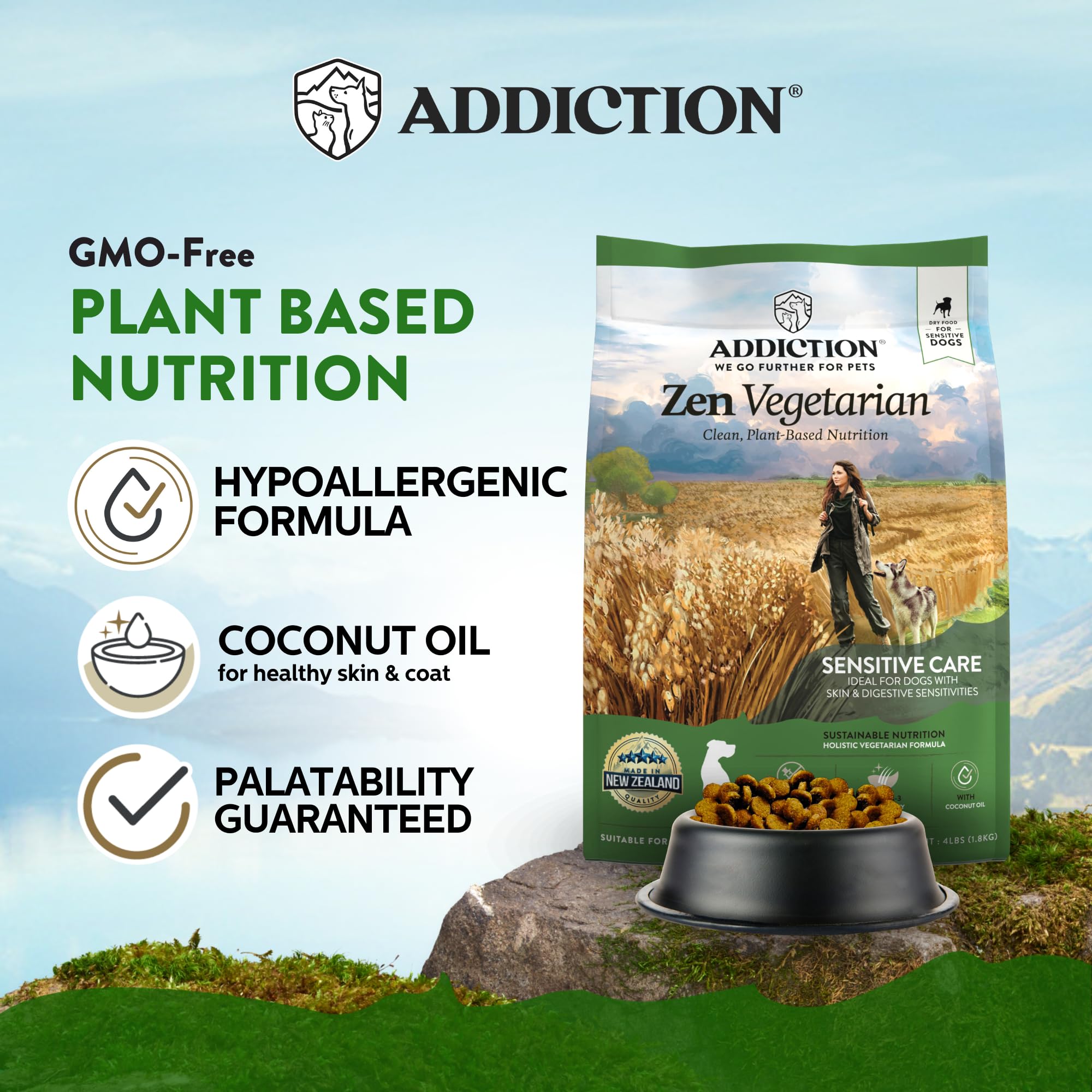 Addiction Zen Vegetarian Dog Food & Awesome Pawsome Super Pumpkin Vegan Treats Bundle, Plant-Based Dog Food and Treats, Made in New Zealand, for Sensitive Dogs