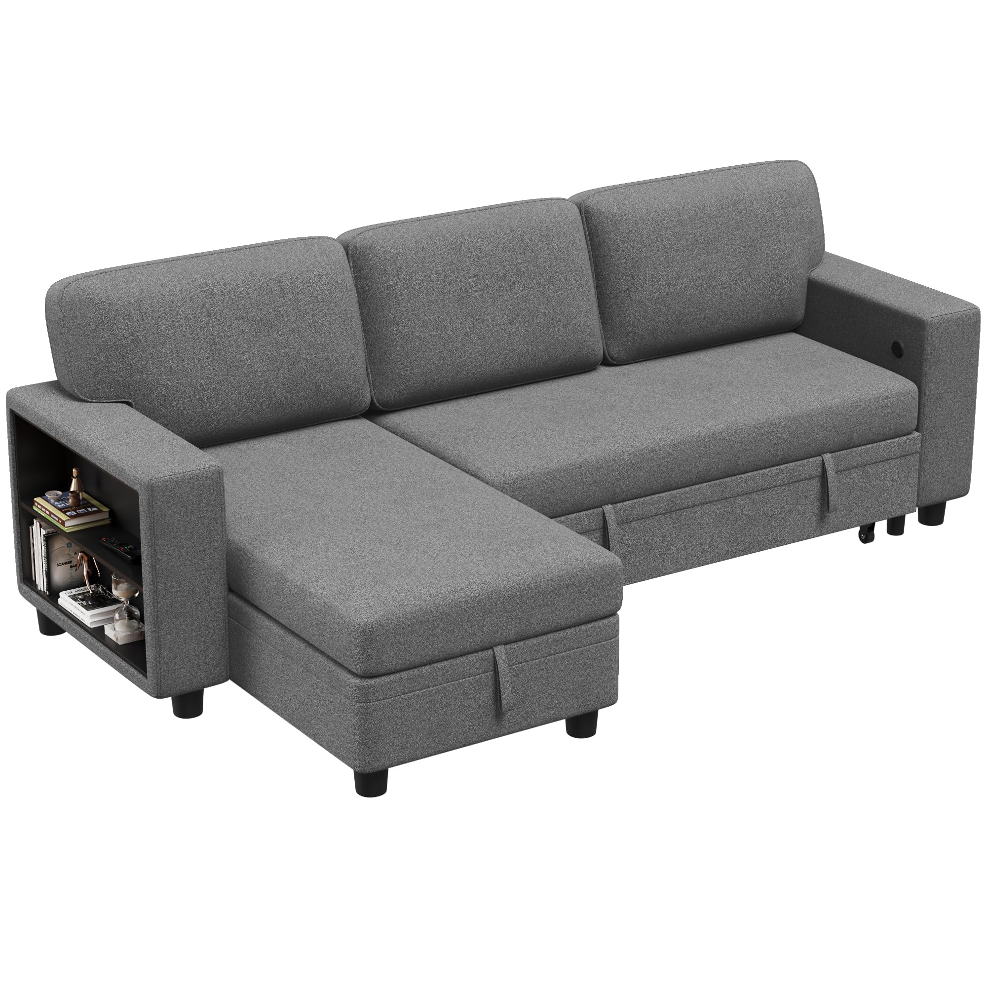 Flamaker 80" Sleeper Sofa, Sofa Bed with Built-in Large Storage and 2 Bookshelves, Convertible Sectional Sofa Couch, Pull Out Couch with USB, Modern Couches for Living Room (Fabric, Grey)