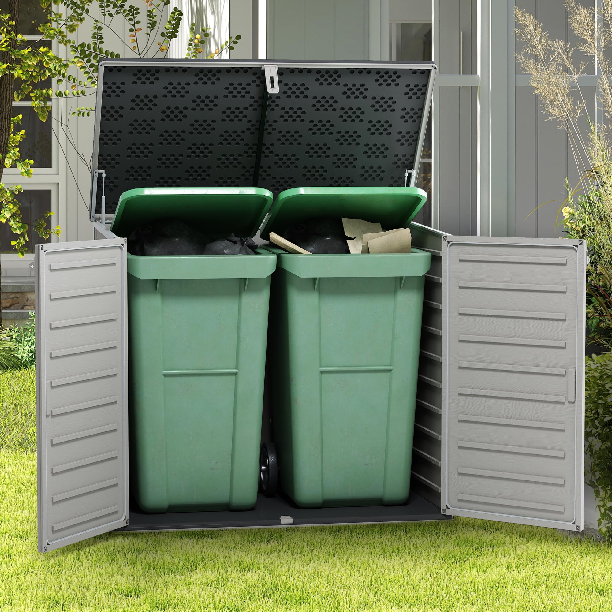 4.6 x 4.1 FT Outdoor Storage Horizontal Resin Shed,49.5 Cu Ft Large Trash Garbage Can Shed,Weather Proof Water Proof PP Material,Hydraulic Rod,Lockable Door,for Patio Storage