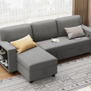 Flamaker 80" Sleeper Sofa, Sofa Bed with Built-in Large Storage and 2 Bookshelves, Convertible Sectional Sofa Couch, Pull Out Couch with USB, Modern Couches for Living Room (Fabric, Grey)