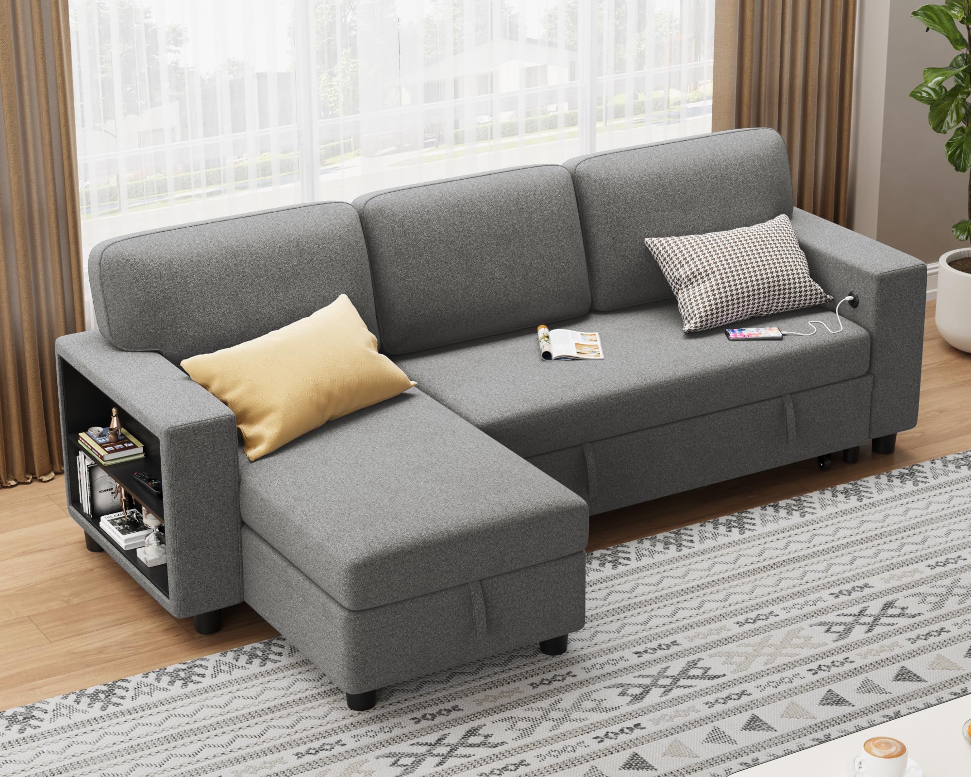 Flamaker 80" Sleeper Sofa, Sofa Bed with Built-in Large Storage and 2 Bookshelves, Convertible Sectional Sofa Couch, Pull Out Couch with USB, Modern Couches for Living Room (Fabric, Grey)