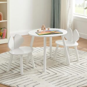 vecelo kids table and chairs set, oval tabletop and 2 rabbit chairs for toddler playing, activity, white