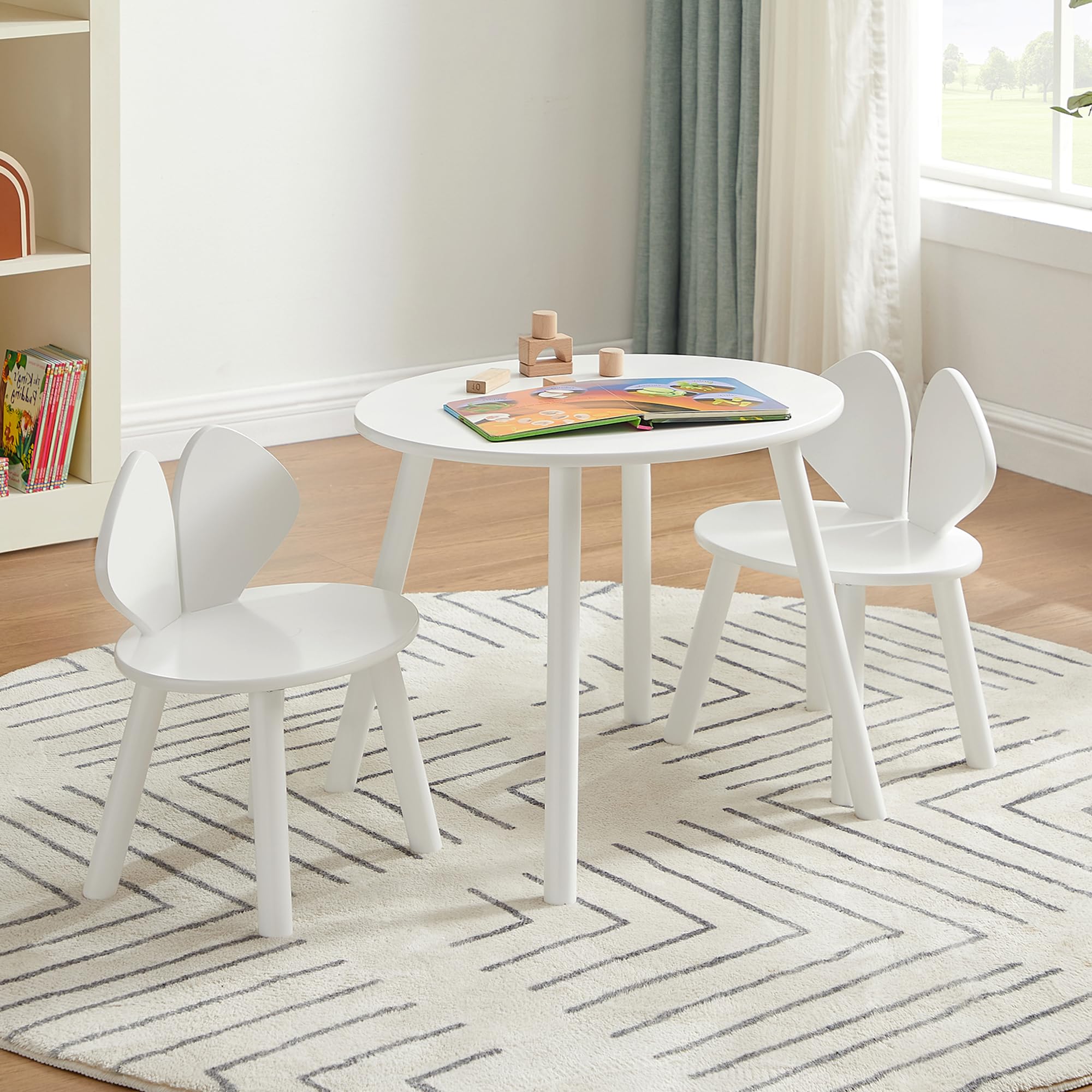 VECELO Kids Table and Chairs Set, Oval Tabletop and 2 Rabbit Chairs for Toddler Playing, Activity, White