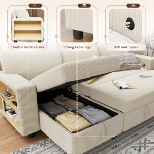 Flamaker 80" Sleeper Sofa, Sofa Bed with Built-in Large Storage and 2 Bookshelves, Convertible Sectional Sofa Couch, Pull Out Couch with USB, Modern Couches for Living Room (Corduroy, Light Beige)