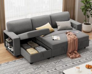 flamaker 80" sleeper sofa, sofa bed with built-in large storage and 2 bookshelves, convertible sectional sofa couch, pull out couch with usb, modern couches for living room (corduroy, light grey)