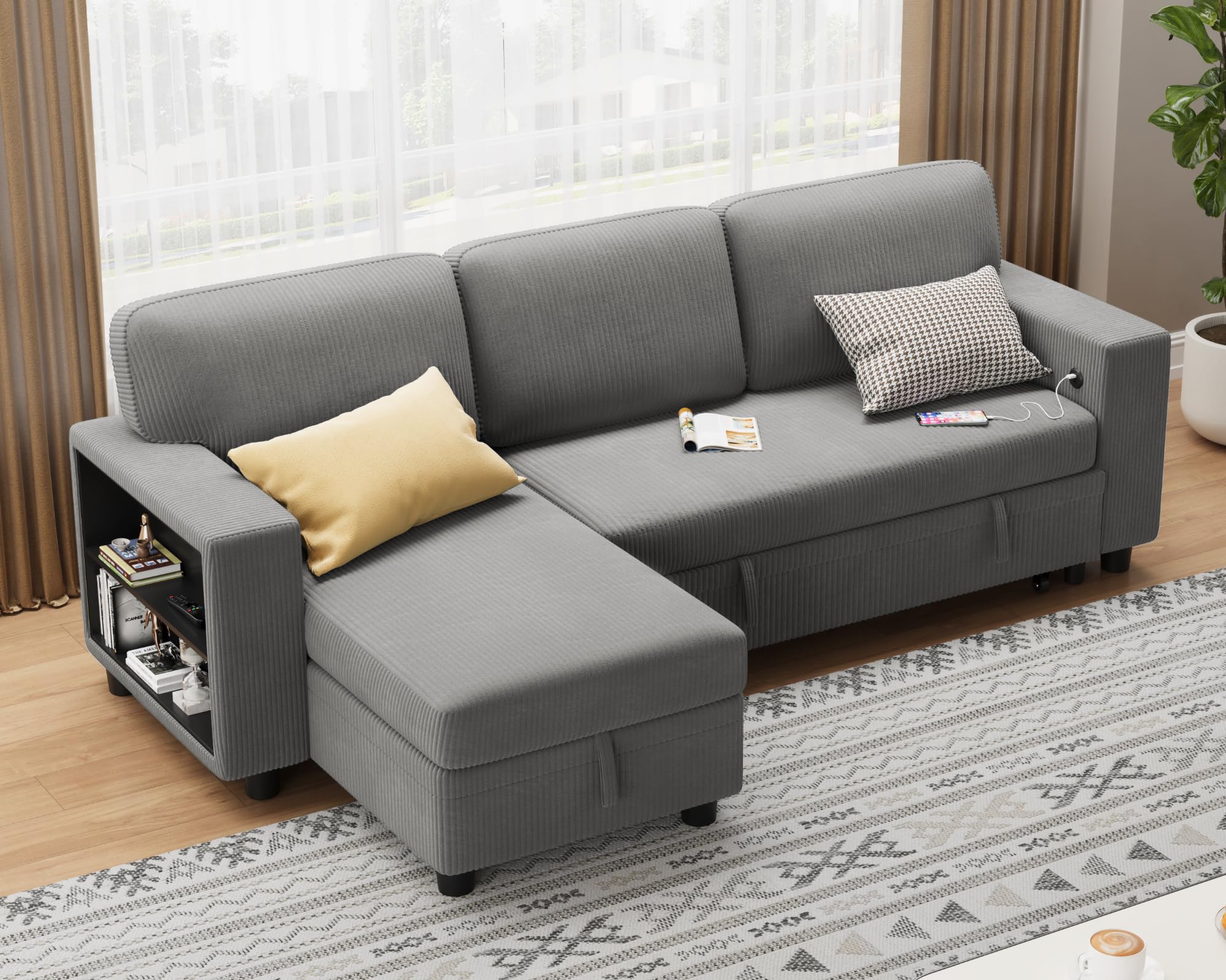 Flamaker 80" Sleeper Sofa, Sofa Bed with Built-in Large Storage and 2 Bookshelves, Convertible Sectional Sofa Couch, Pull Out Couch with USB, Modern Couches for Living Room (Corduroy, Light Grey)