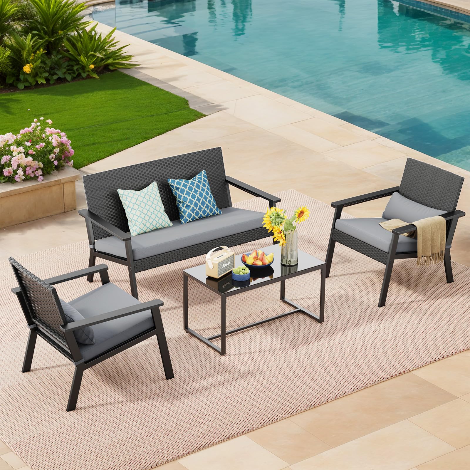 Ahomly Patio Furniture Set,4 Pieces Outdoor Patio Furniture with Deep Seating Cushion,Wicker Patio Conversation Set Balcony Furniture with Table for Backyard,Porch,Gray