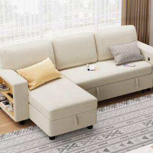 Flamaker 80" Sleeper Sofa, Sofa Bed with Built-in Large Storage and 2 Bookshelves, Convertible Sectional Sofa Couch, Pull Out Couch with USB, Modern Couches for Living Room (Corduroy, Light Beige)