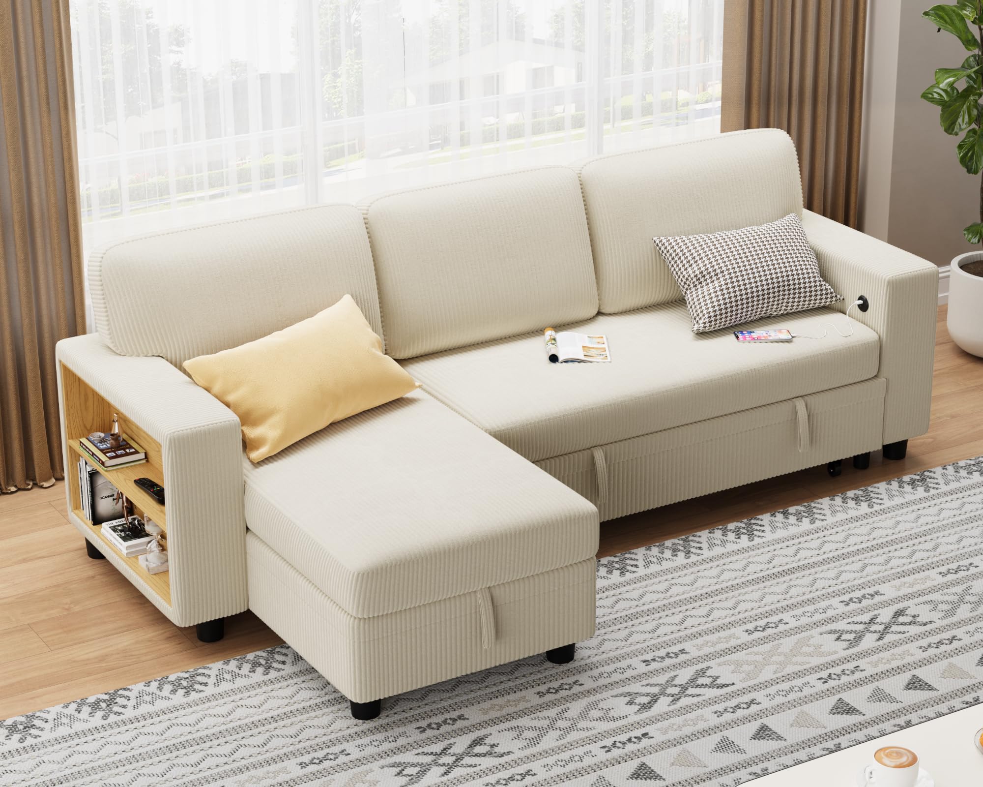 Flamaker 80" Sleeper Sofa, Sofa Bed with Built-in Large Storage and 2 Bookshelves, Convertible Sectional Sofa Couch, Pull Out Couch with USB, Modern Couches for Living Room (Corduroy, Light Beige)