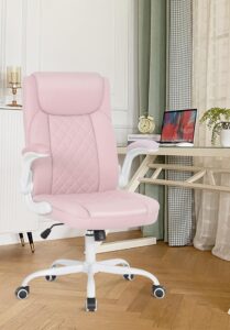 misolant big and tall office chair, high back office chair with flip up armrest, pu leather office executive chair, computer desk chair with rocking function pink