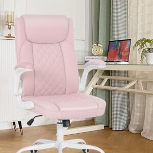 Misolant Big and Tall Office Chair, High Back Office Chair with Flip Up Armrest, PU Leather Office Executive Chair, Computer Desk Chair with Rocking Function Pink