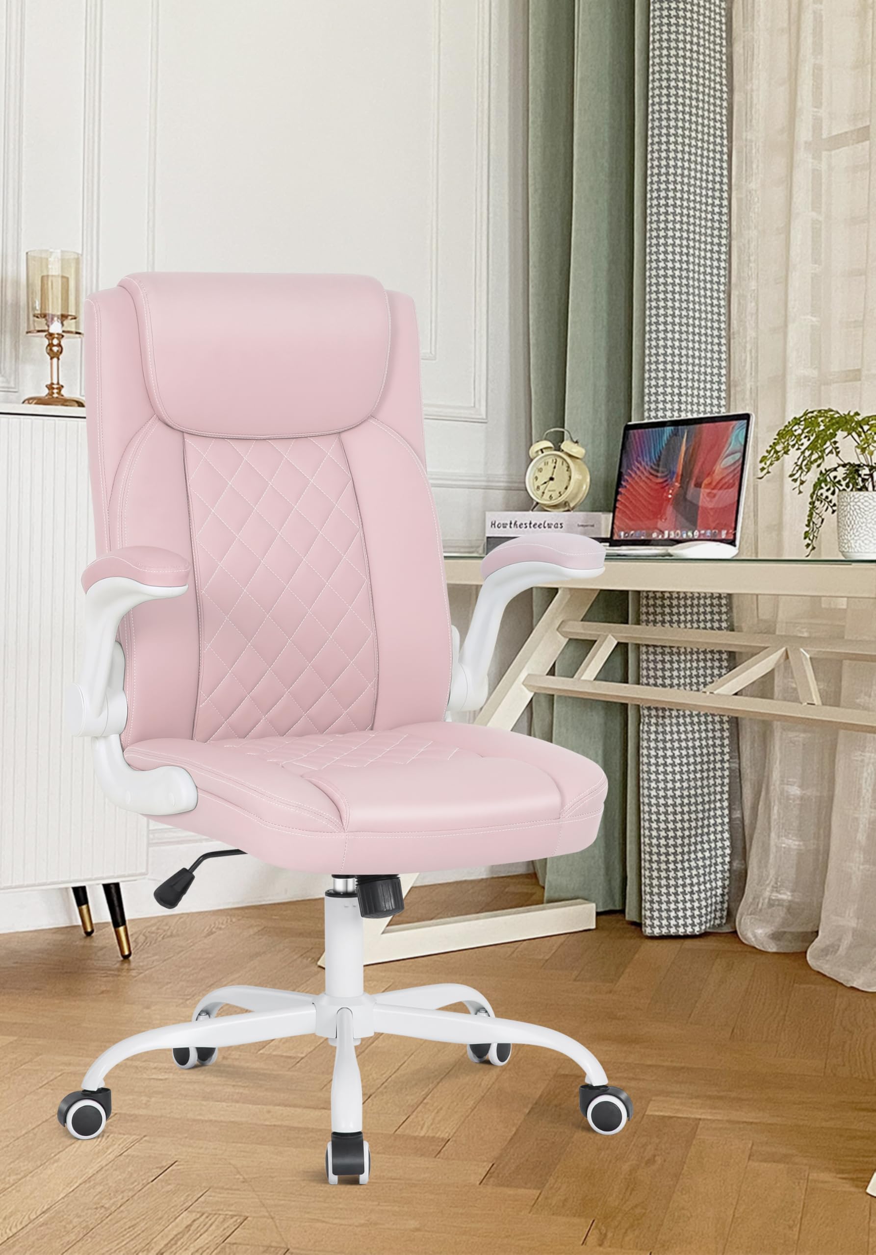 Misolant Big and Tall Office Chair, High Back Office Chair with Flip Up Armrest, PU Leather Office Executive Chair, Computer Desk Chair with Rocking Function Pink