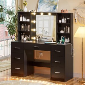 dingipp large vanity desk with mirror, 10 lights and power outlet, makeup vanity with shelves and 7 drawers, vanity desk dressing table with 3 color light adjustable, vanity table for bedroom (black)