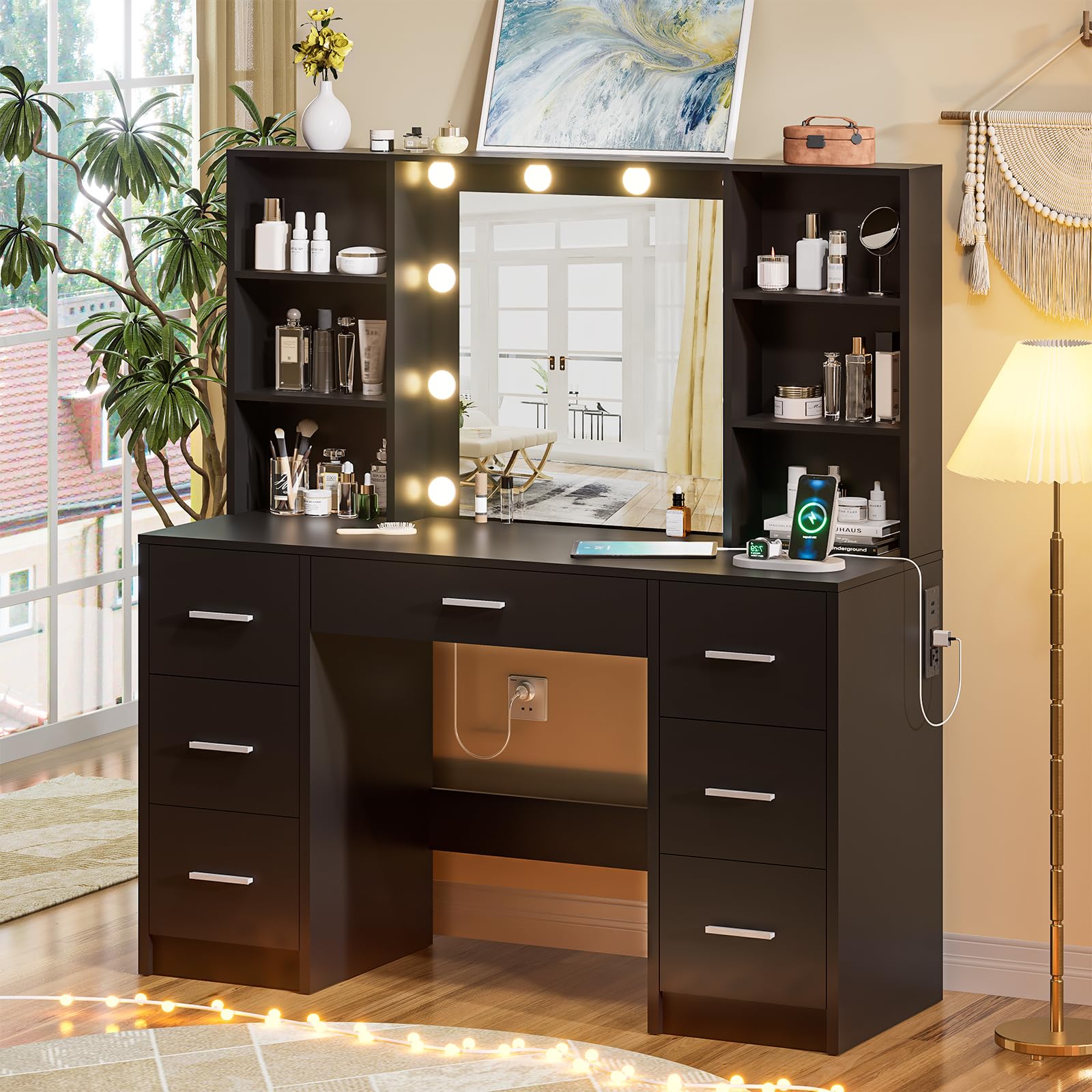 DINGIPP Large Vanity Desk with Mirror, 10 Lights and Power Outlet, Makeup Vanity with Shelves and 7 Drawers, Vanity Desk Dressing Table with 3 Color Light Adjustable, Vanity Table for Bedroom (Black)