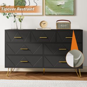 RESOM 7 Drawers Dresser for Bedroom, Black Dresser with Golden Legs & Handles, Wooden Chest of Drawer, Modern Dresser for Living Room, Hallway