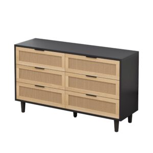 NTYUNRR Black Rattan Dresser, 6 Drawer Double Dresser for Bedroom, 51.18" Rattan Dresser for Closet, Rattan Storage Cabinet Rattan Drawer with Metal Handles, for Living Room, Black M