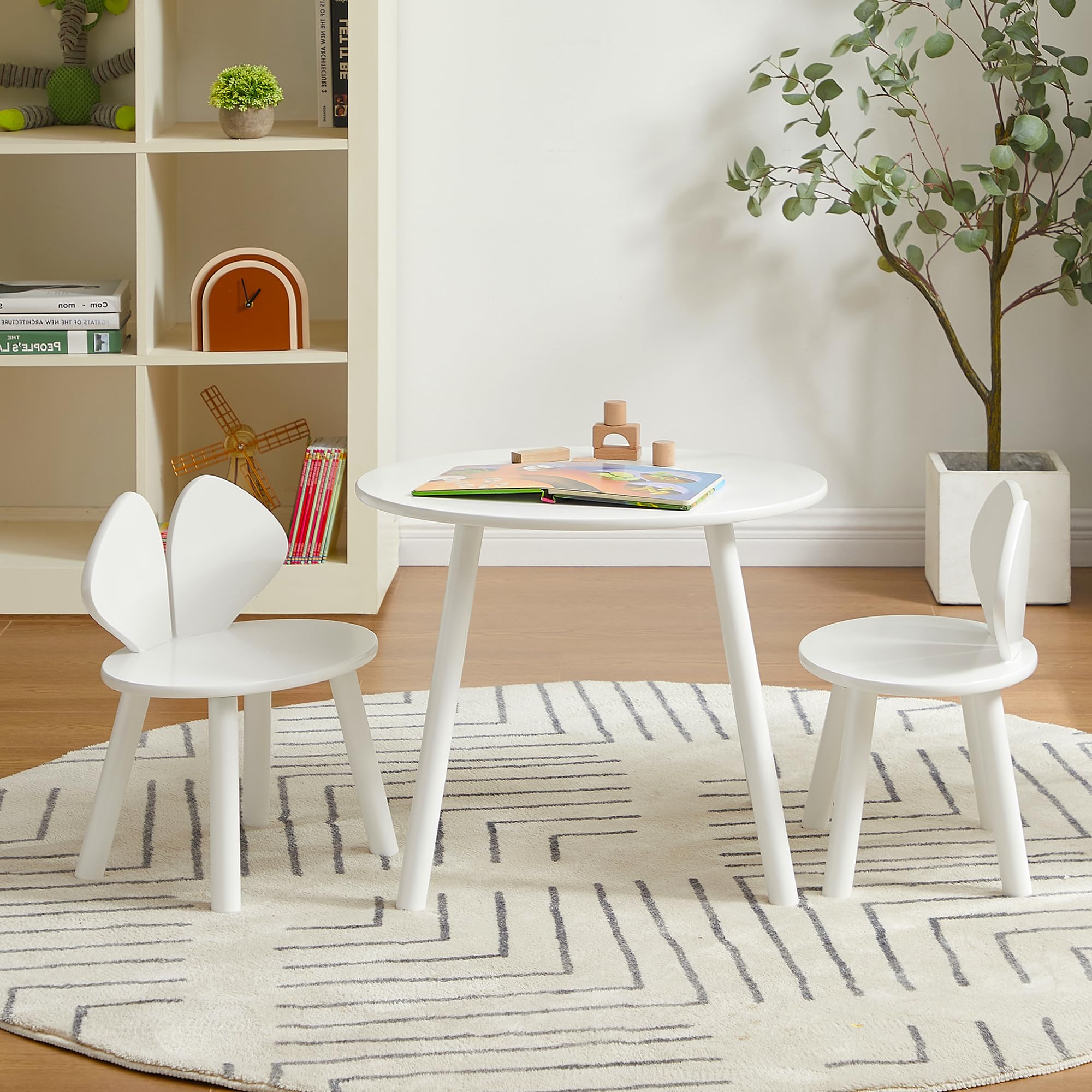 VECELO Kids Table and Chairs Set, Oval Tabletop and 2 Rabbit Chairs for Toddler Playing, Activity, White