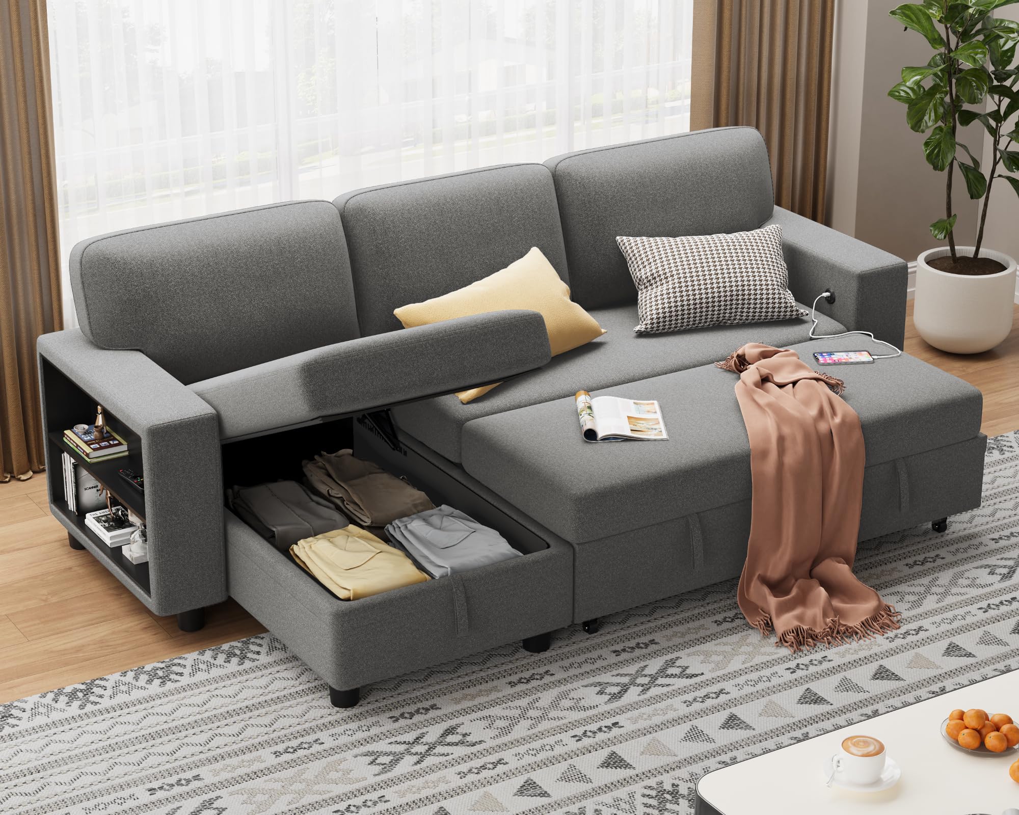 Flamaker 80" Sleeper Sofa, Sofa Bed with Built-in Large Storage and 2 Bookshelves, Convertible Sectional Sofa Couch, Pull Out Couch with USB, Modern Couches for Living Room (Fabric, Grey)