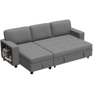 Flamaker 80" Sleeper Sofa, Sofa Bed with Built-in Large Storage and 2 Bookshelves, Convertible Sectional Sofa Couch, Pull Out Couch with USB, Modern Couches for Living Room (Fabric, Grey)