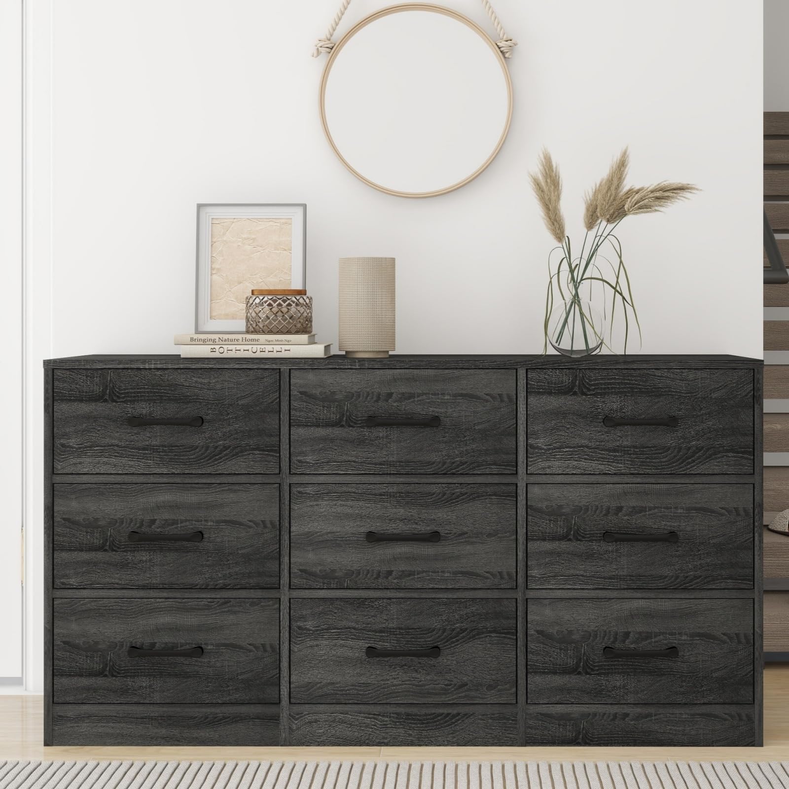 YMBSBUY 6 Drawer Dresser for Bedroom,Wood Chest of Drawers,Black Dresser TV Stand with Steel Frame for Storage and Organization,Large Fabric Dresser for Kids Bedroom,Living Room, Nursery,Closet