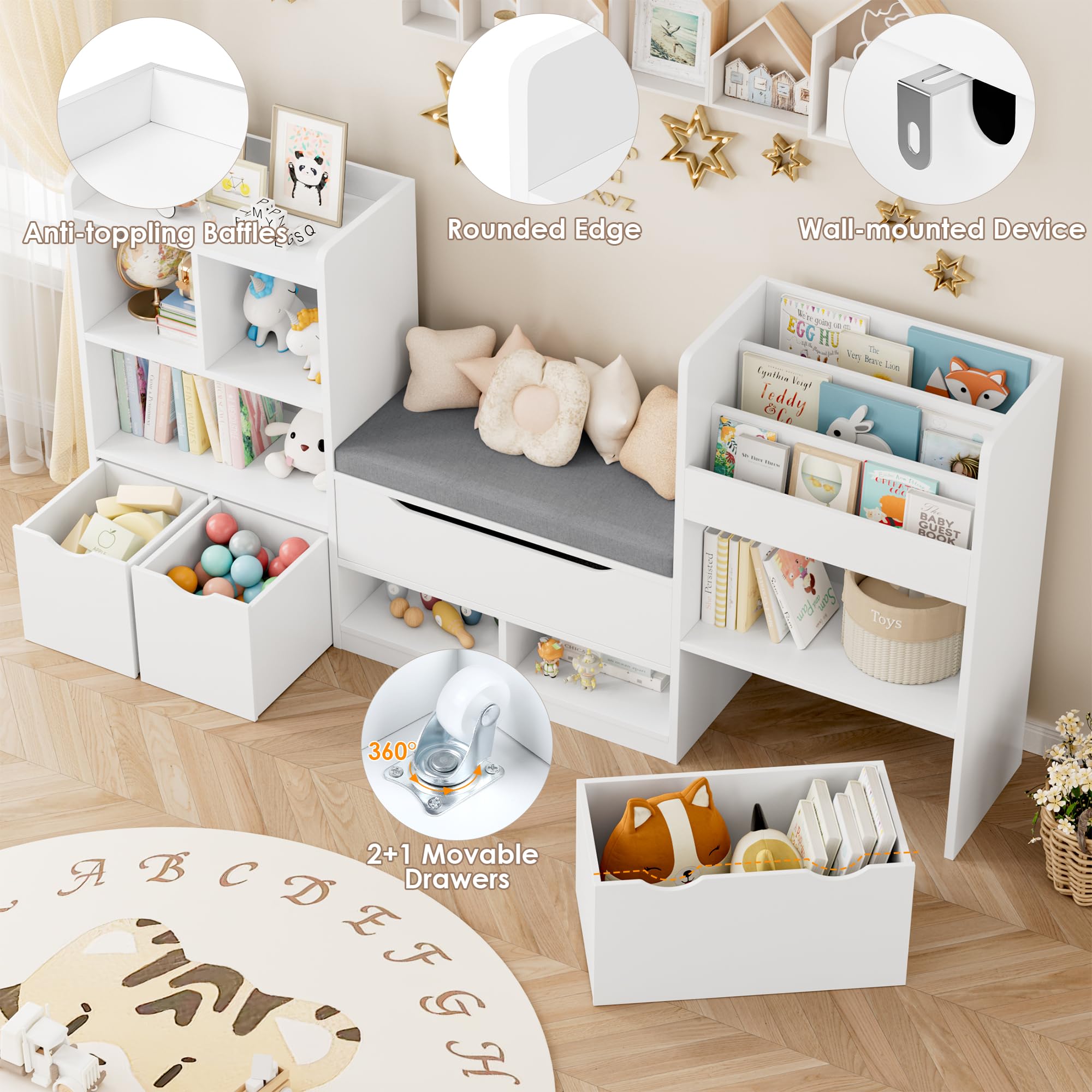 FOTOSOK 72” Kids Bookshelf with Reading Nook, Super Large Toy Storage Organizer with Seat Cushion and 3 Movable Drawers, Kids Reading Nook Toy Organizers and Storage with Bench for Living Room