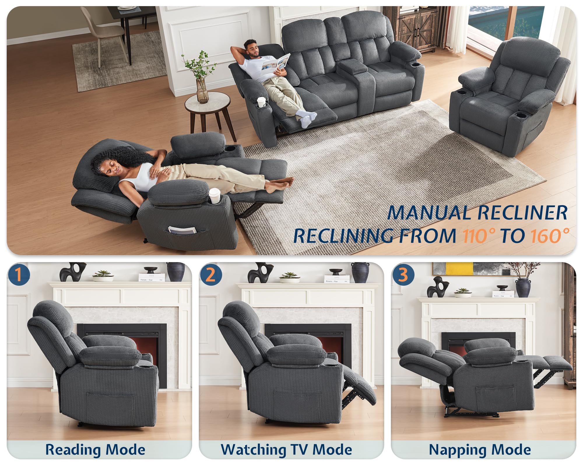 Jocisland Recliner Couch, Recliner Loveseat with Cup Holders, Console with Charging Socket, Comfy Reclining with Dual Wingback for Living Room(Grey)