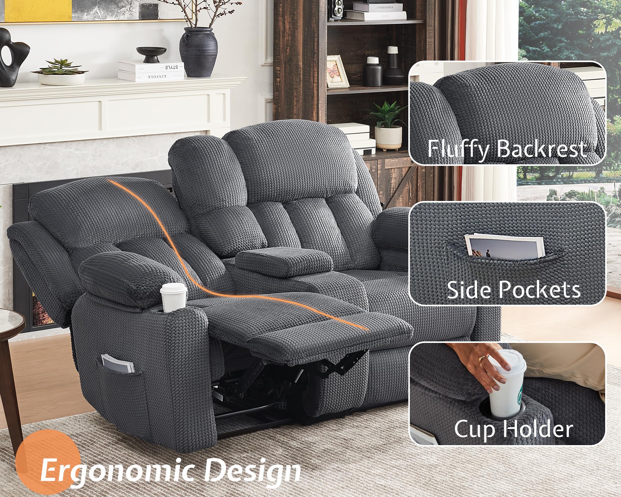 Jocisland Recliner Couch, Recliner Loveseat with Cup Holders, Console with Charging Socket, Comfy Reclining with Dual Wingback for Living Room(Grey)