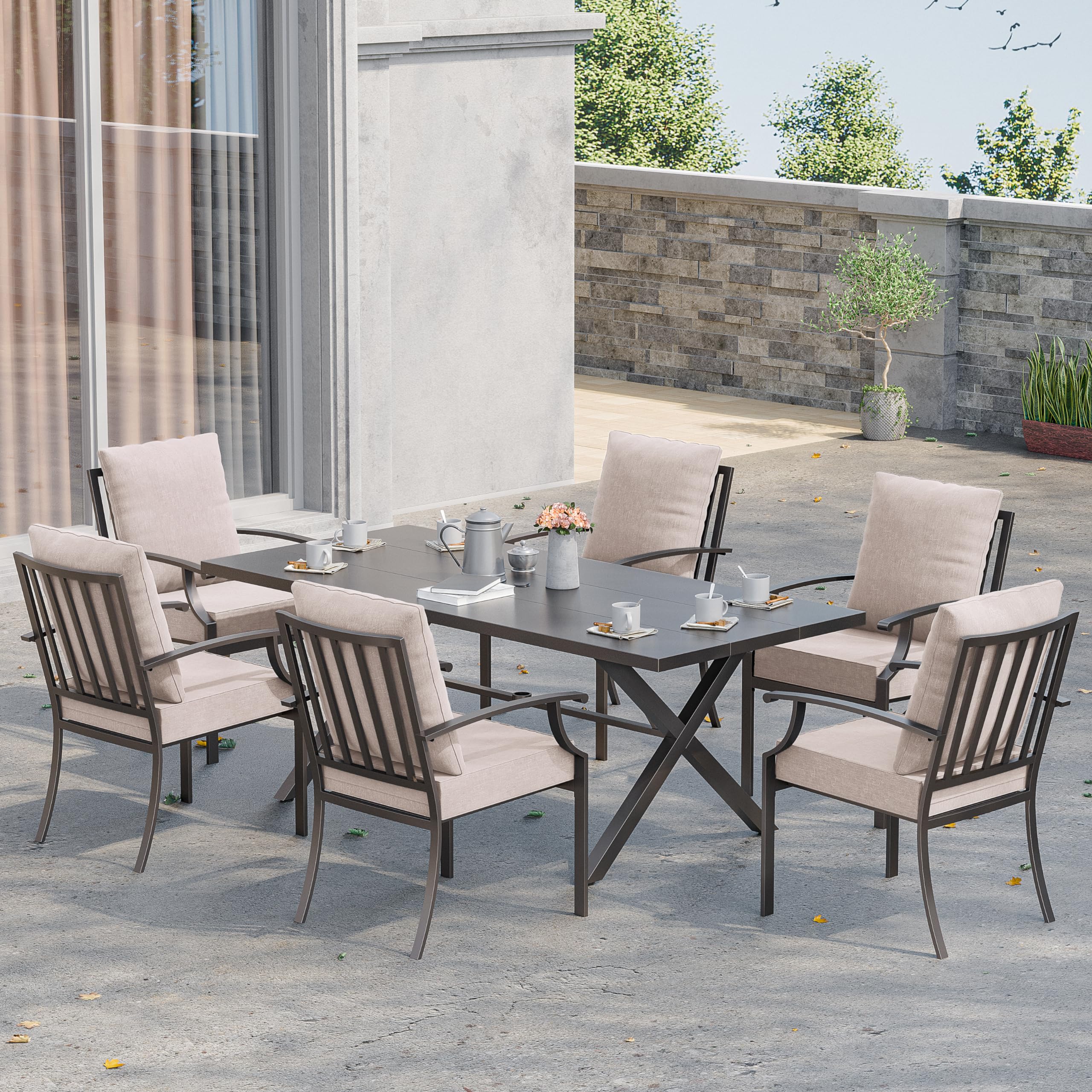 Kurapika 7 Piece Patio Dining Set Outdoor Furniture, Metal Patio Furniture Set 6 Fixed Chairs and Large Table with Umbrella Cutout for Deck Garden Backyard, Sand