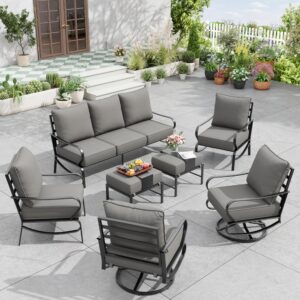 VONZOY Patio Furniture Set 7 Pcs, Metal Outdoor Furniture Patio Set, 3-Seat Sofa, 2 x Swivel Chairs, 2 x Single Chairs, 2 x Ottomans, 5.75" Extra Thick Cushion Outdoor Patio Furniture Set, Grey