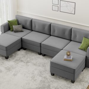 AYEASY Modular Sectional Sofa, U Shaped Sofa Couch with Storage Ottoman Convertible Sectional Couches for Living Room, High Supportive 6 Seats Reversible Sectionals 113'' with Chaise, Grey