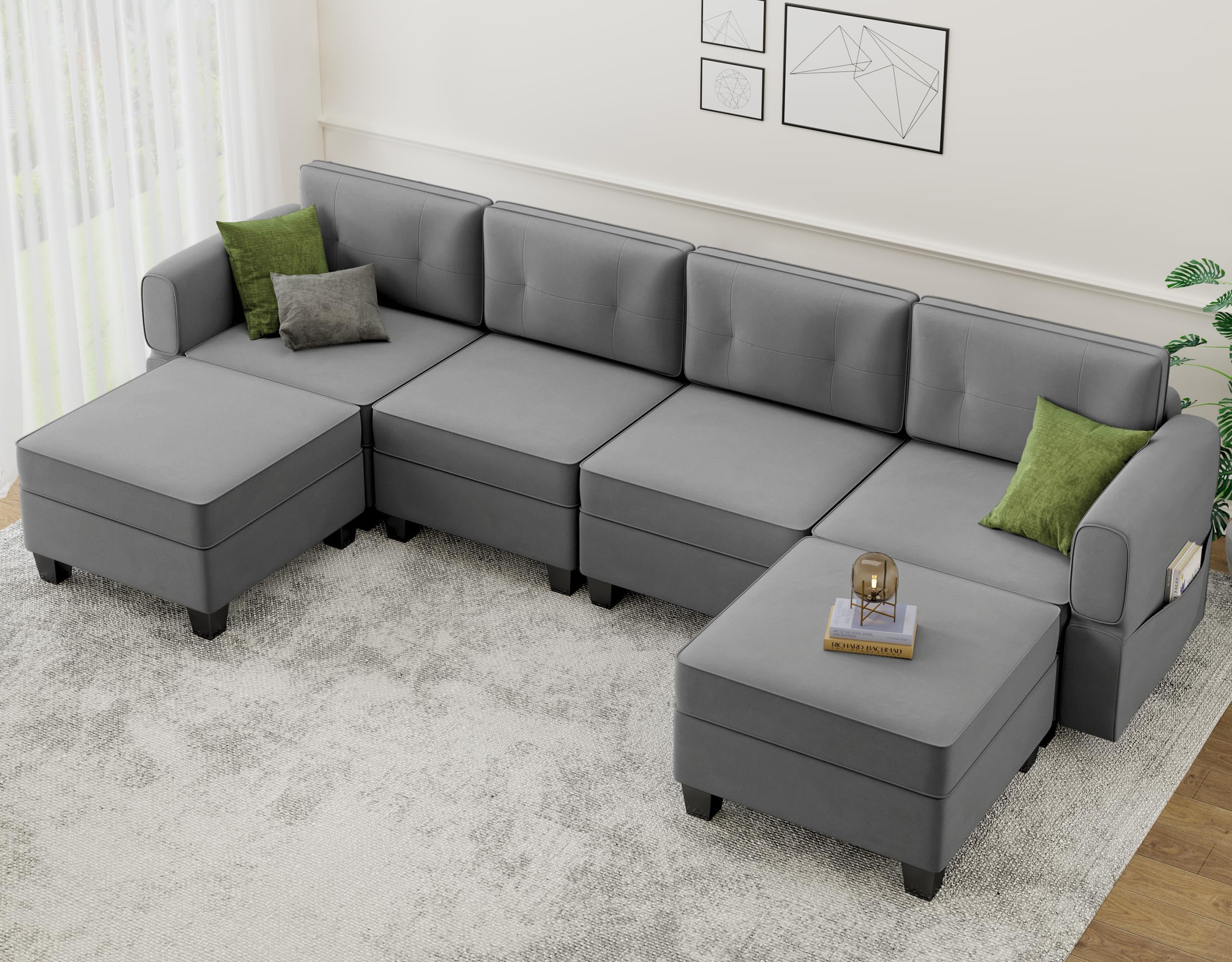 AYEASY Modular Sectional Sofa, U Shaped Sofa Couch with Storage Ottoman Convertible Sectional Couches for Living Room, High Supportive 6 Seats Reversible Sectionals 113'' with Chaise, Grey