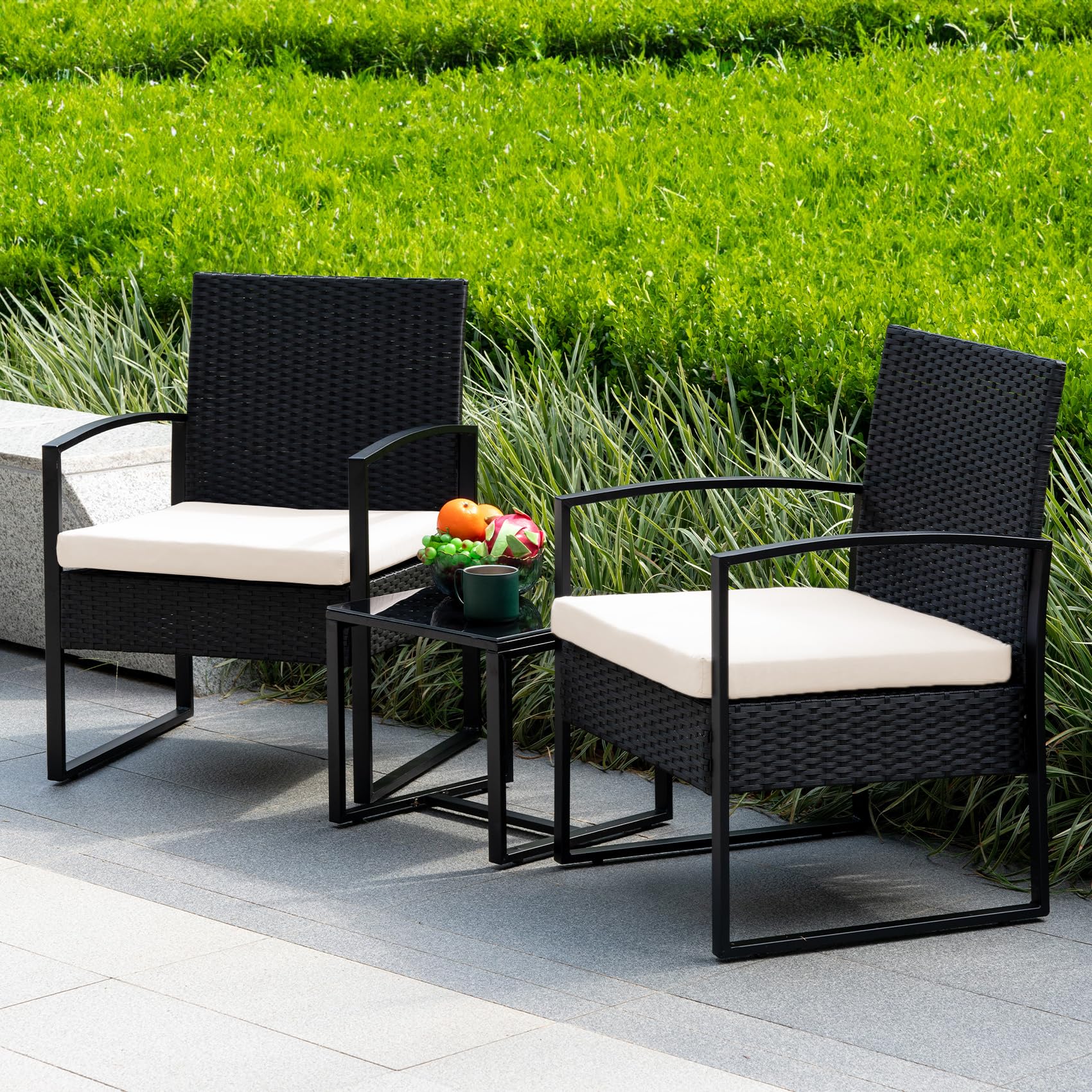 PatLoom 3-Piece Outdoor Patio Set – All-Weather Wicker Rattan Chairs with Cushions & Glass Coffee Table, Perfect for Backyard, Garden, Balcony, or Poolside Lounge Furniture