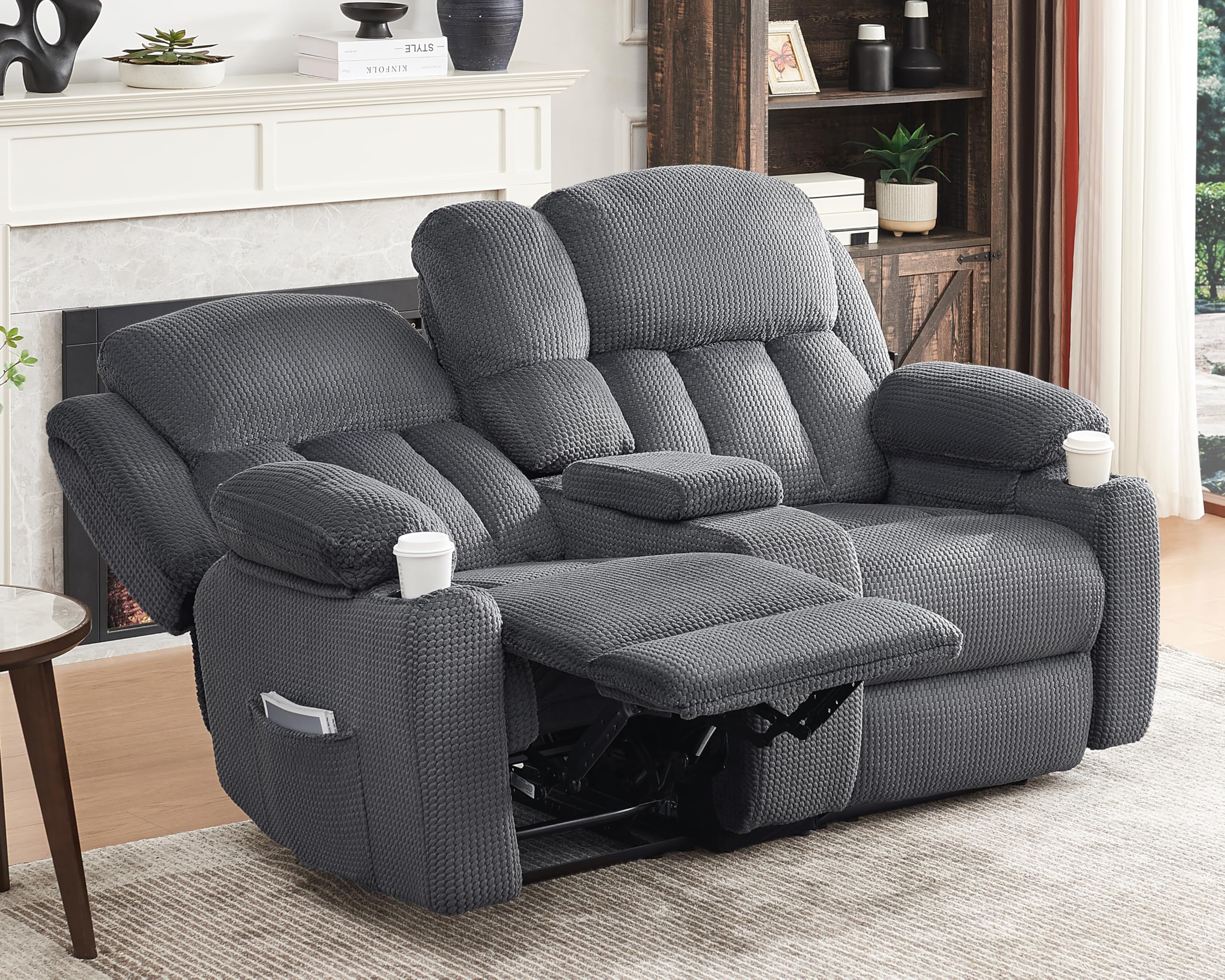 Jocisland Recliner Couch, Recliner Loveseat with Cup Holders, Console with Charging Socket, Comfy Reclining with Dual Wingback for Living Room(Grey)