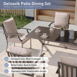 Kurapika 7 Piece Patio Dining Set Outdoor Furniture, Metal Patio Furniture Set 6 Fixed Chairs and Large Table with Umbrella Cutout for Deck Garden Backyard, Sand